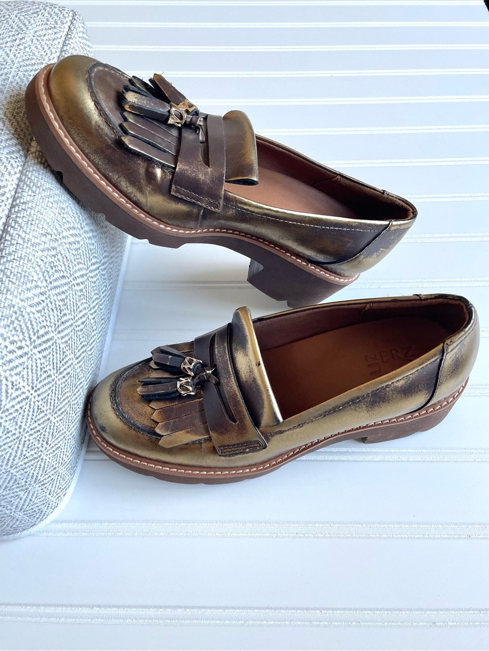 Naturalizer Chunky Tassel Loafer Metallic Bronze Platform Block Heel Sz 10.5 GUC